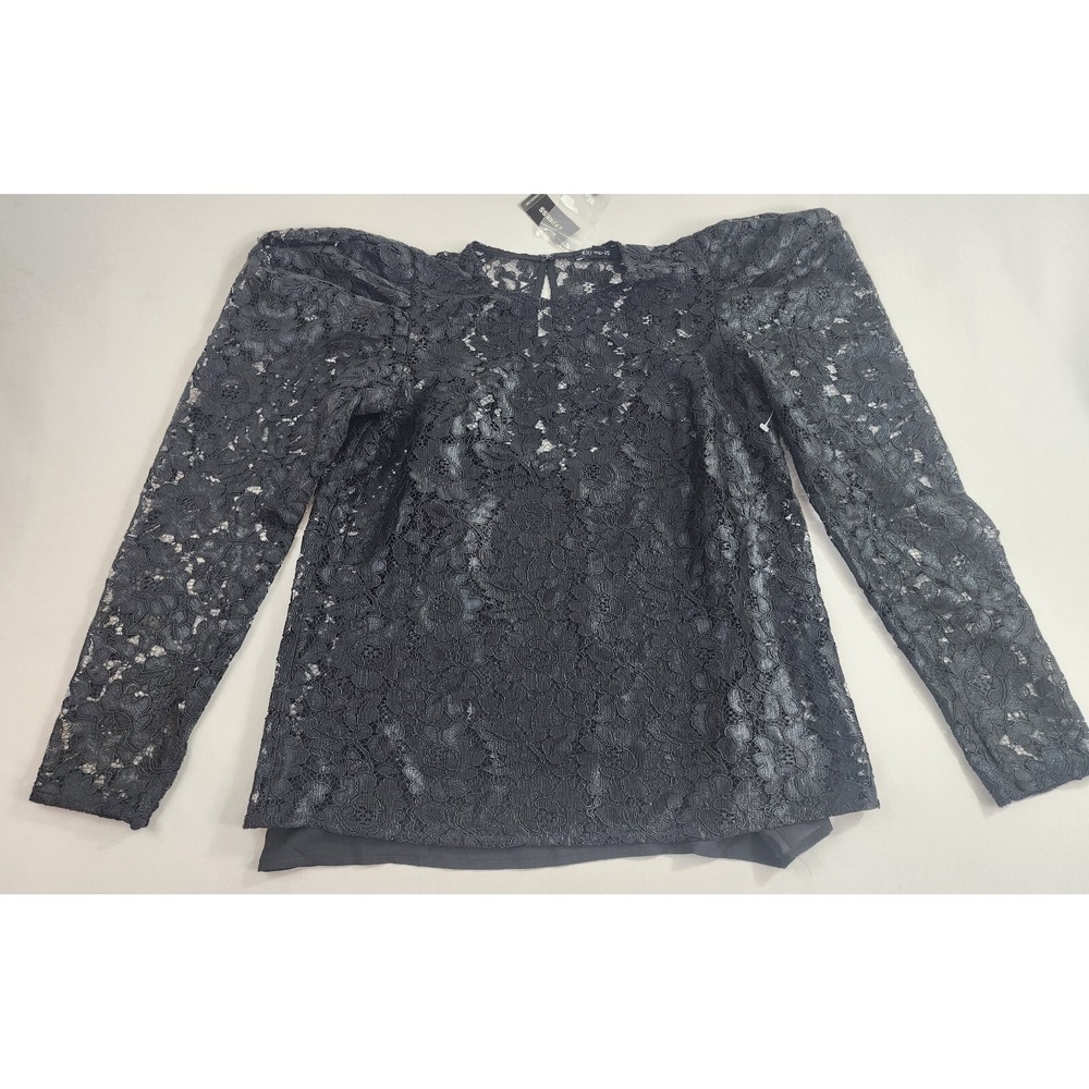 Express Blouse Womens XS Black Lace Long Sleeve Puff Shoulder Top 08656305 NEW